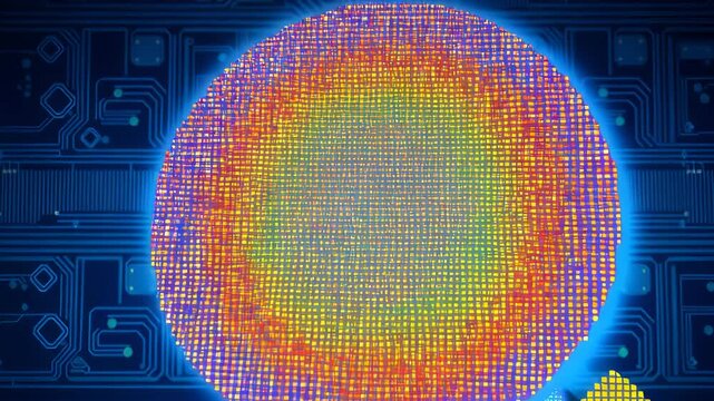 Digital Circuit Board with Colorful Pixel Sphere