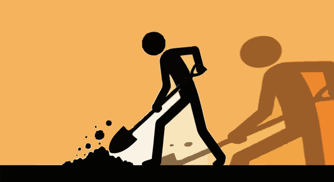 Silhouette man digging with shovel in dirt with another figure behind.