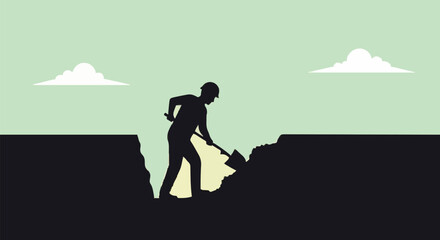 Silhouette of a construction worker digging a trench with a shovel.