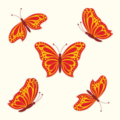A set of five cute butterflies in different flying variations. Insect vector illustration.