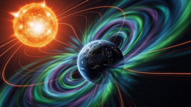 Sun and Earth in space showing magnetic field lines and aurora. Planetary magnetosphere protecting from solar wind. Universe illustration background.