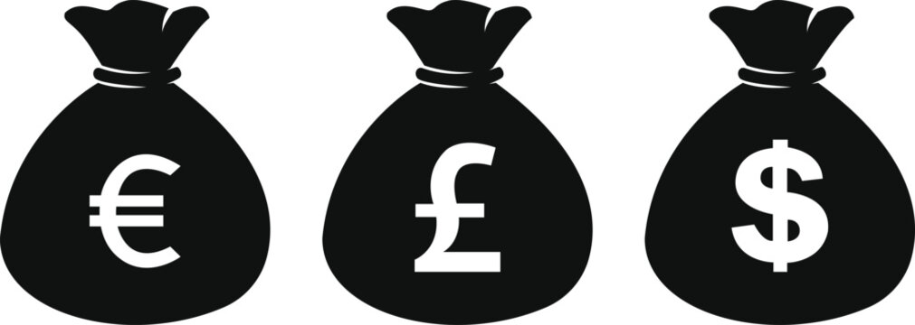 Set of three currency money bags silhouettes representing Euro, British Pound, and US Dollar for global finance and banking concepts