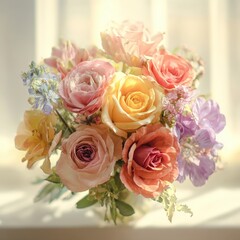 Obraz premium Colorful bouquet of roses and wildflowers with soft natural lighting