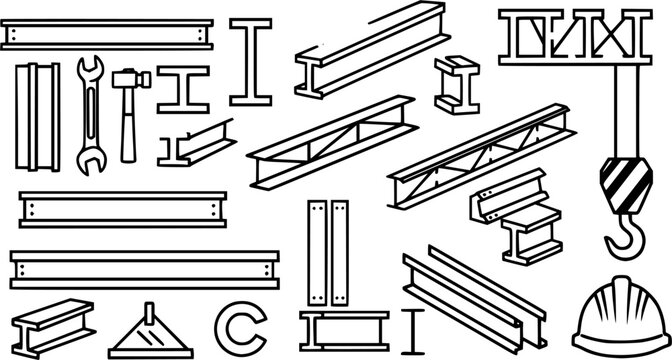 Construction elements and steel beams depicted in an architectural illustration with black outline