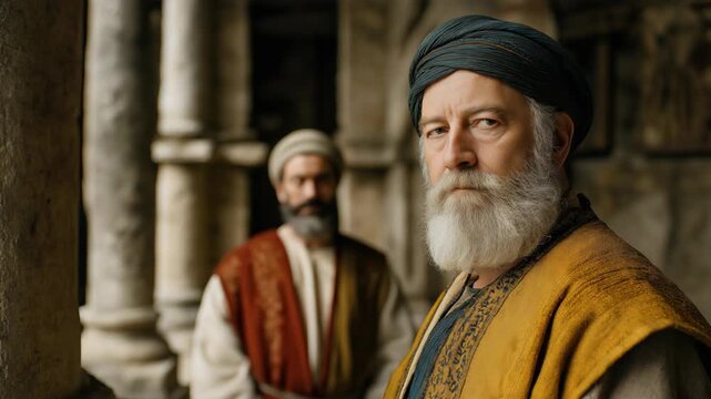 Two Pharisees stand solemnly inside an ancient temple, looking directly at the camera with serious and authoritative expressions. Their traditional attire and composed posture convey religious leaders