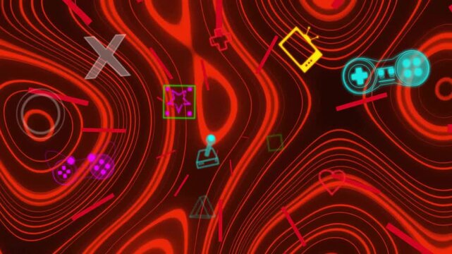 Animation of colourful video game controllers and icons over red swirls