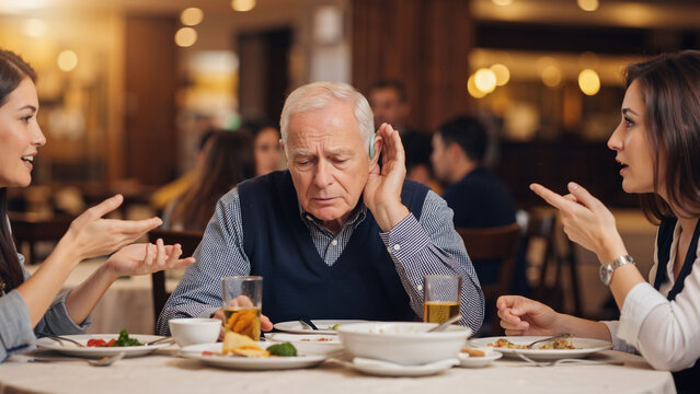 Older man with hearing aid struggling to hear women talking at a restaurant. Hearing loss concept affecting social interaction for senior.