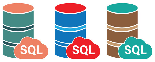SQL database icons, Structured Query Language database icon, SQL server icon set in trendy flat style illustration isolated on white background.