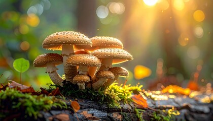 Fototapeta premium Mushrooms grow on a log in a forest during golden hour with sunlight filtering through trees