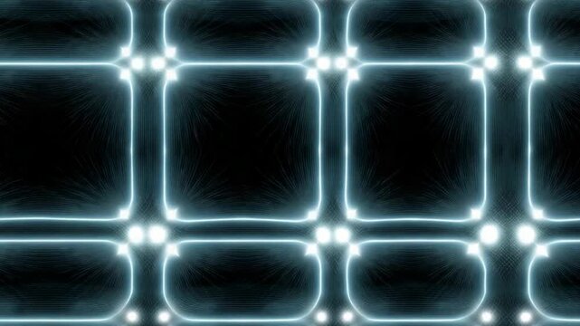 An abstract background featuring complex blue neon light structures combined with sharp geometric shapes on a deep black dark background. Intersecting lines, glowing edges, futuristic 