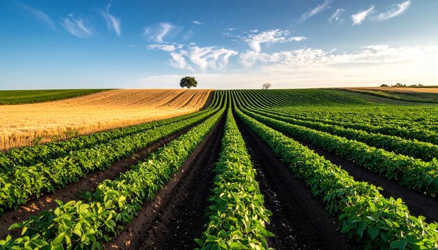 Rows of green crops grow under a blue sky in a rural landscape during daytime on a sunny day