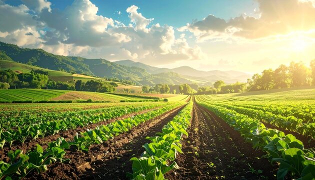 Sunrise over a green field with rows of plants under a blue sky in a rural area
