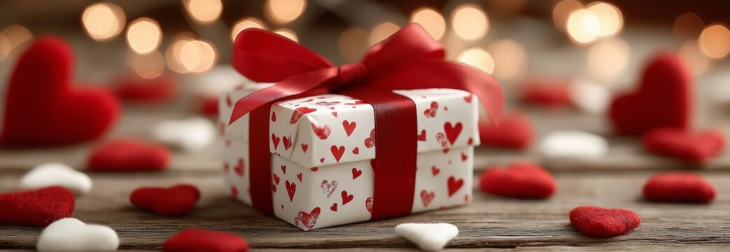 A gift box with hearts all around. The package has a red ribbon. A romantic scenario conveys joy, love, and devotion. joyful presentation.