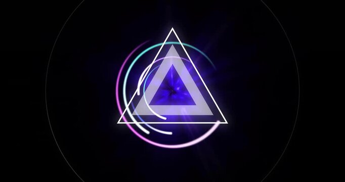 Glowing triangle and circular light trails animation on black background