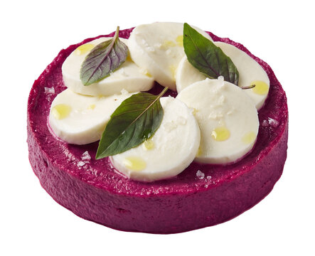 Beet base with mozzarella and basil only?minimalist, premium, highly readable
