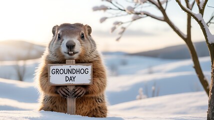 Obraz premium Cute groundhog holding a sign on a sunny winter day announcing Groundhog Day celebration