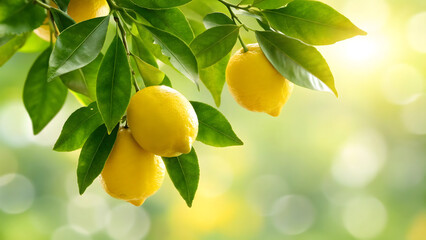 Fresh lemons hanging on tree branches with green leaves in bright sunlight background © Anna