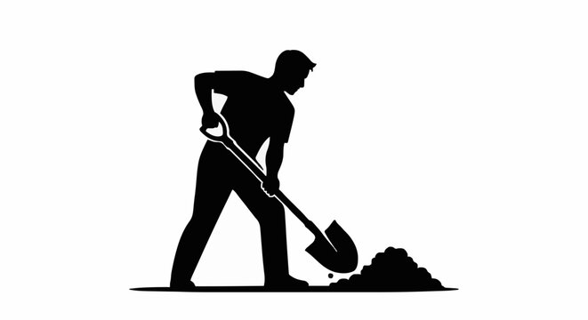 Silhouette of a man digging with a shovel.