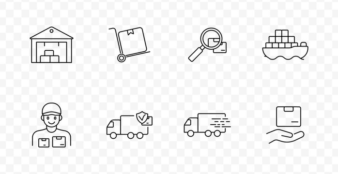 Shipping and logistics set icon. Line icons showing warehouse, trolley with box, magnifier, cargo ship, delivery person, truck with shield, moving truck, hand with parcel