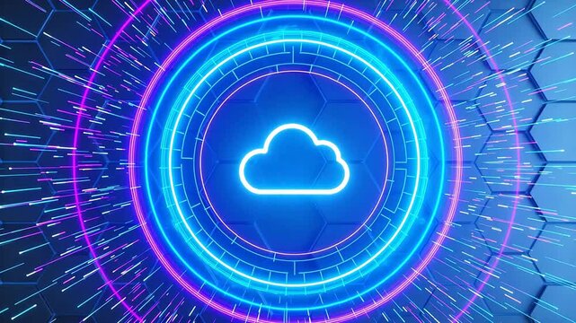 Neon cloud icon on hexagonal background