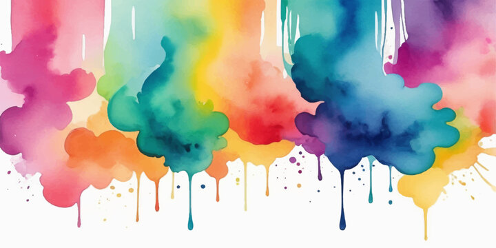 An abstract colorful watercolor background features an artistic splash of ink and rainbow paint texture with a grunge brush splatter pattern on a pink paper frame design vector illustration