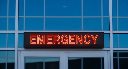 Fototapeta premium Red neon emergency sign on a blue glass building facade at night