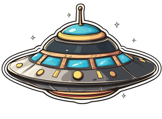 A cartoon illustration of a futuristic UFO flying saucer in space