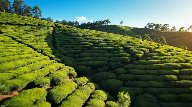 Rapid time-lapse movement of sharp shadows racing across the patterned rows of a sprawling hillside tea plantation under bright sunny skies timelapse, shadows, longshot