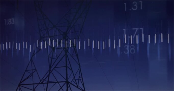 dusk tower silhouette appearing, launching pulsing bars and mapping line graph showing power data