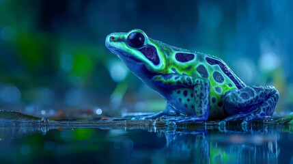 Fototapeta premium Bright blue-green poison dart frog at night near water, exotic tropical amphibian in rainforest habitat
