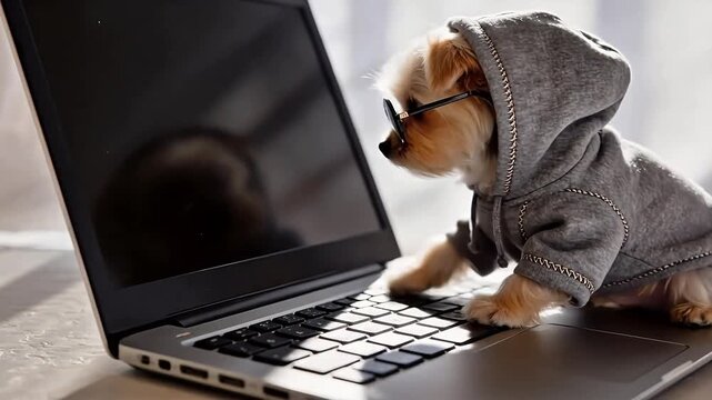 Dog in hoodie and glasses on laptop