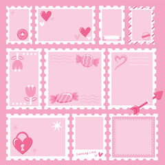 Cute pastel Valentine stamp frame and postcard layout with candy, hearts, arrows, and decorative elements