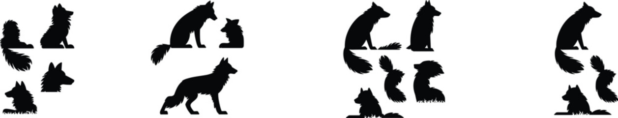 Wolf silhouette family set with adult and cub poses, black wild animal vector, forest wildlife illustration