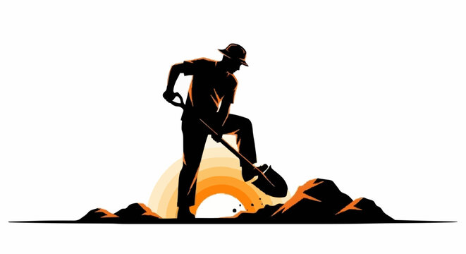 Silhouette of a man digging with a shovel at sunset.