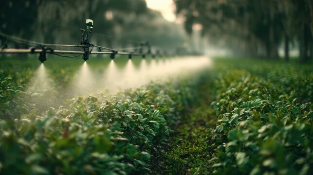 Agricultural sprayer system emitting fine mist over lush green crop field at dawn