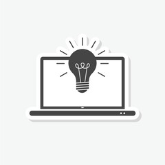 Light bulb on the laptop screen icon sticker isolated on gray background