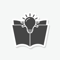 Open book page and idea lamp icon sticker isolated on gray background