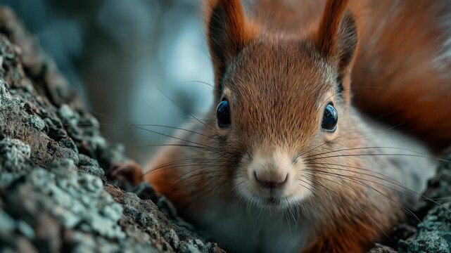 A close-up face portrait of a squirrel looking directly at the camera, its tiny nose sniffing curiously. Fine details of the fur, whiskers, and bright eyes create an intimate and playful wildlife