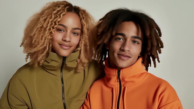 Woman and man with dreadlocks smiling and changing expressions in studio. Couple modeling in casual winter coats with subtle mood shifts. Footage.