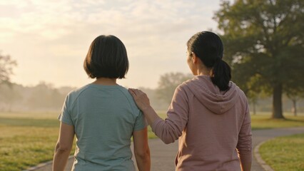 Two women walking on a park path at sunrise, one gently reassuring the other