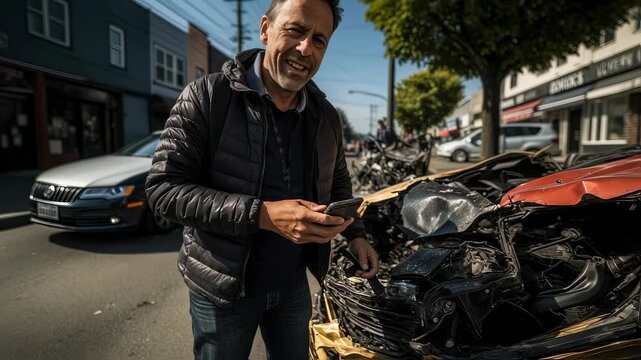 Smiling man with phone inspects damaged car at crash site, filing claim for vehicle insurance coverage, street footage.