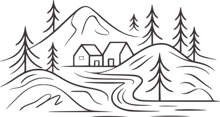 Fototapeta premium Minimalist black and hand drawn mountain cabin landscape handdrawn mountains