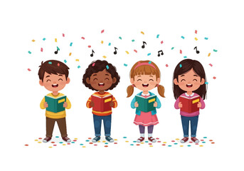 Fototapeta premium Four happy children singing from books with confetti and music notes