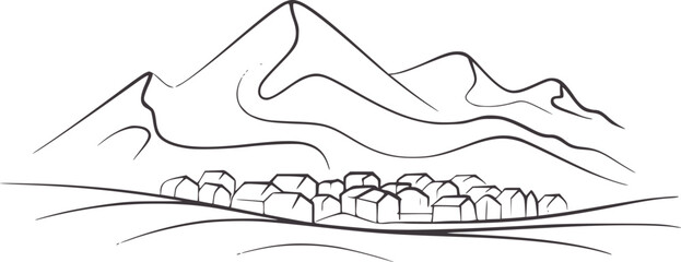 Minimalist black and line of mountain village with houses