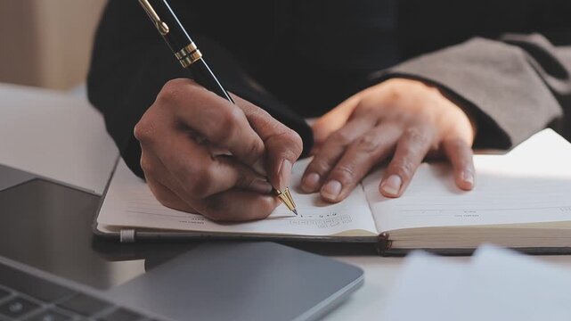 Elearning. Close up of smiling young female remote student watch training lecture on laptop pc take notes at paper workbook by hand. Millennial lady get distant education write thesis of online lesson