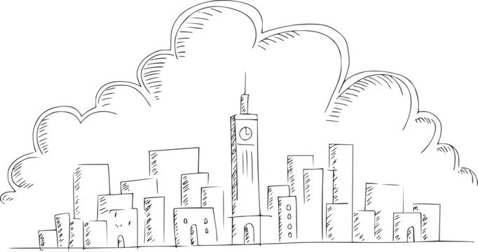 Minimalist black and of a city skyline with clock tower buildings clocktower