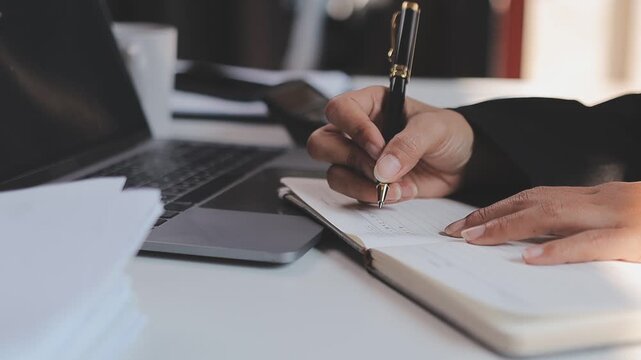 Elearning. Close up of smiling young female remote student watch training lecture on laptop pc take notes at paper workbook by hand. Millennial lady get distant education write thesis of online lesson