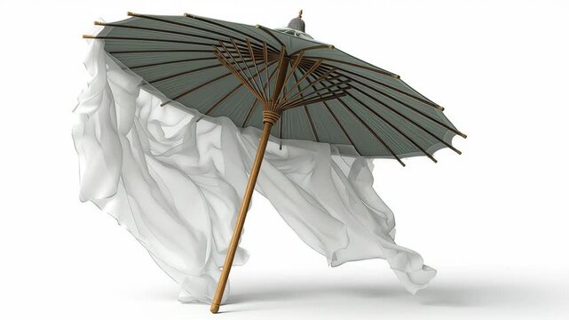 Elegant parasol with a wooden handle and gray canopy sways gently, accompanied by flowing white fabric, creating a dynamic visual effect in a bright, minimalist setting