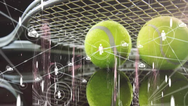 Animation of tennis racket and balls over data processing