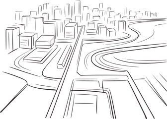 Minimalist black and pen of an urban intersection with winding roads